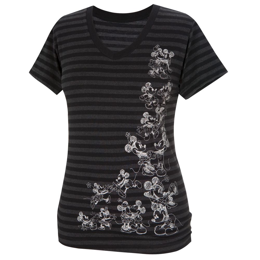 Striped V-Neck Minnie and Mickey Mouse Tee for Women