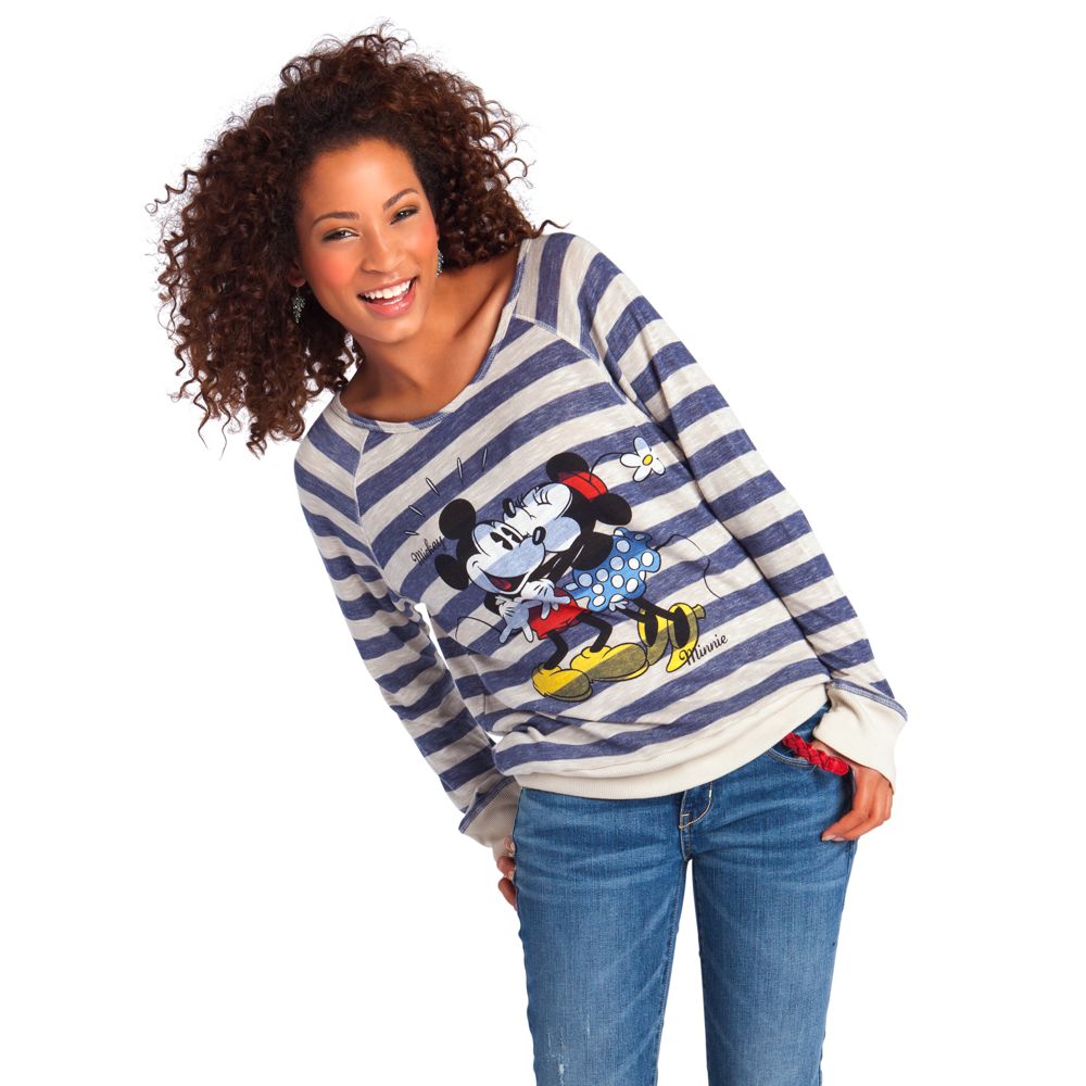 Vintage Raglan Long Sleeve Striped Minnie and Mickey Mouse Tee for Women